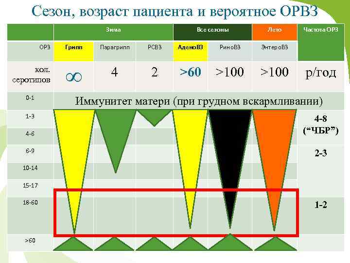 Сезон, возраст пациента и вероятное ОРВЗ Зима Все сезоны Лето ОРЗ Грипп Парагрипп РСВЗ