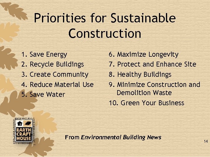 Priorities for Sustainable Construction 1. 2. 3. 4. 5. Save Energy Recycle Buildings Create