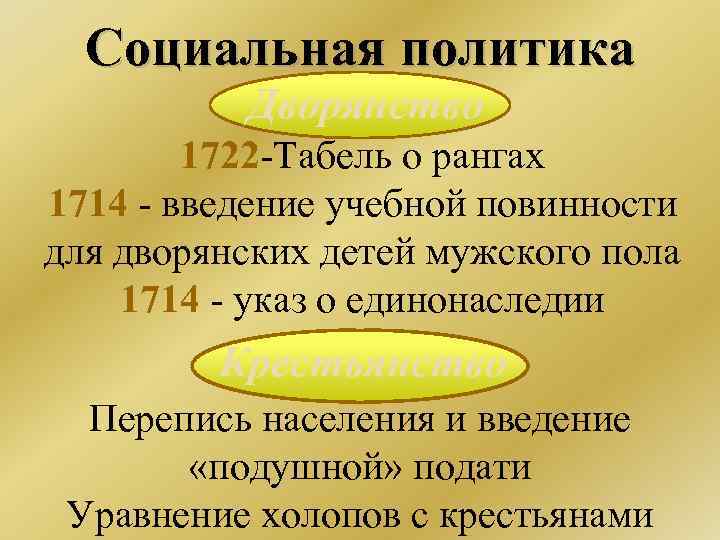 Социальная политика Дворянство 1722 -Табель о рангах 1714 - введение учебной повинности для дворянских