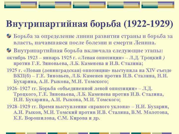 Внутрипартийная борьба (1922 -1929) Борьба за определение линии развития страны и борьба за власть,
