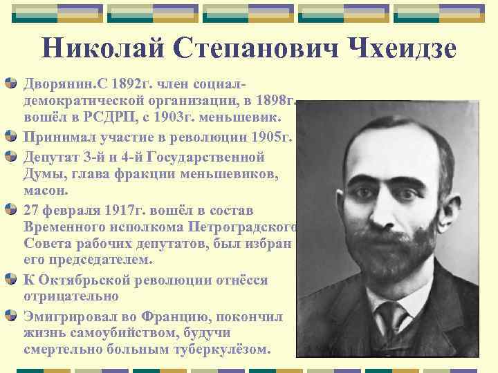 Николай Степанович Чхеидзе Дворянин. С 1892 г. член социалдемократической организации, в 1898 г. вошёл