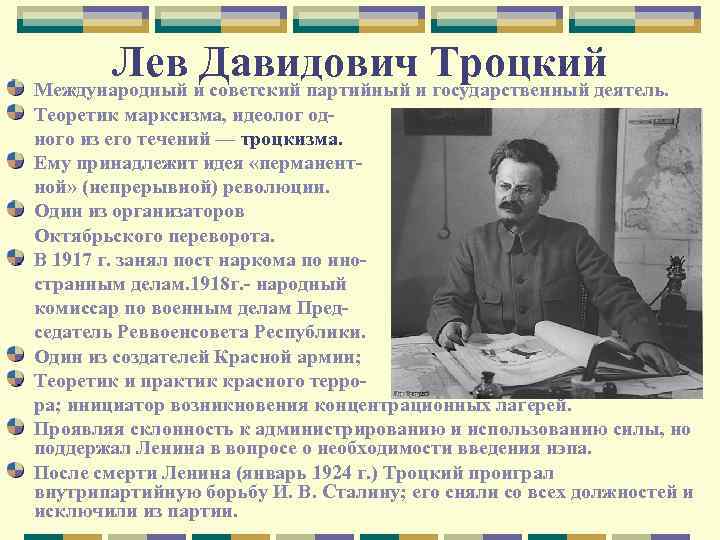 Лев Давидович Троцкий Международный и советский партийный и государственный деятель. Теоретик марксизма, идеолог одного
