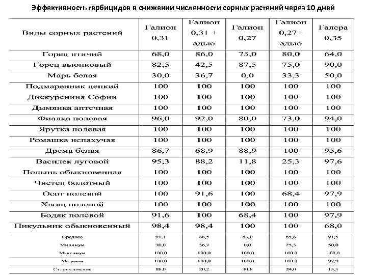 Эффективность гербицидов в снижении численности сорных растений через 10 дней 