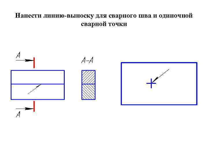 Нанести линию-выноску для сварного шва и одиночной сварной точки 