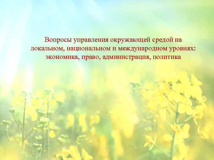 Вопросы управления окружающей средой на локальном, национальном и международном уровнях: экономика, право, администрация, политика