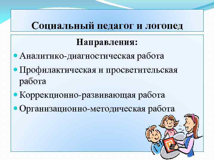 Социальный педагог и логопед Направления: Аналитико-диагностическая работа Профилактическая и просветительская работа Коррекционно-развивающая работа Организационно-методическая
