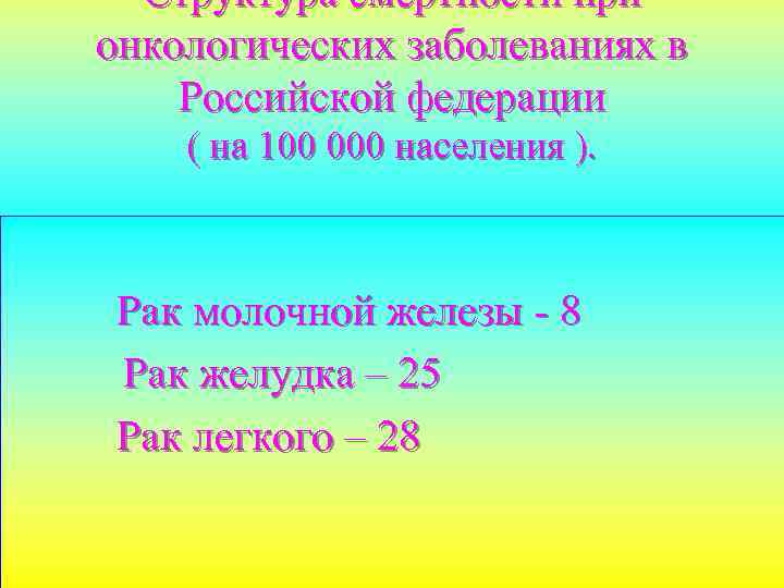 Структура смертности при онкологических заболеваниях в Российской федерации ( на 100 000 населения ).