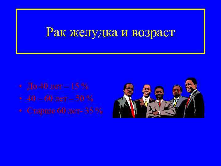 Рак желудка и возраст • До 40 лет – 15 % • 40 –
