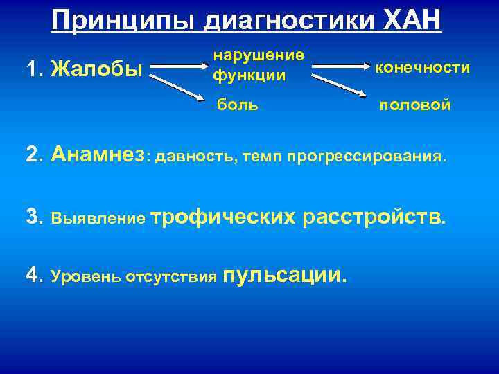 Принципы диагностики ХАН конечности боль 1. Жалобы нарушение функции половой 2. Анамнез: давность, темп