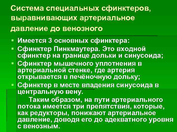 Система специальных сфинктеров, выравнивающих артериальное давление до венозного § Имеется 3 основных сфинктера: §