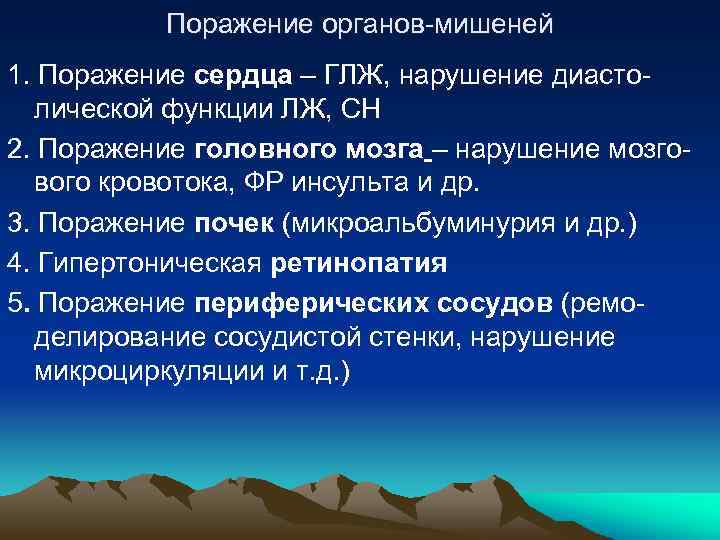 Поражение органов-мишеней 1. Поражение сердца – ГЛЖ, нарушение диастолической функции ЛЖ, СН 2. Поражение