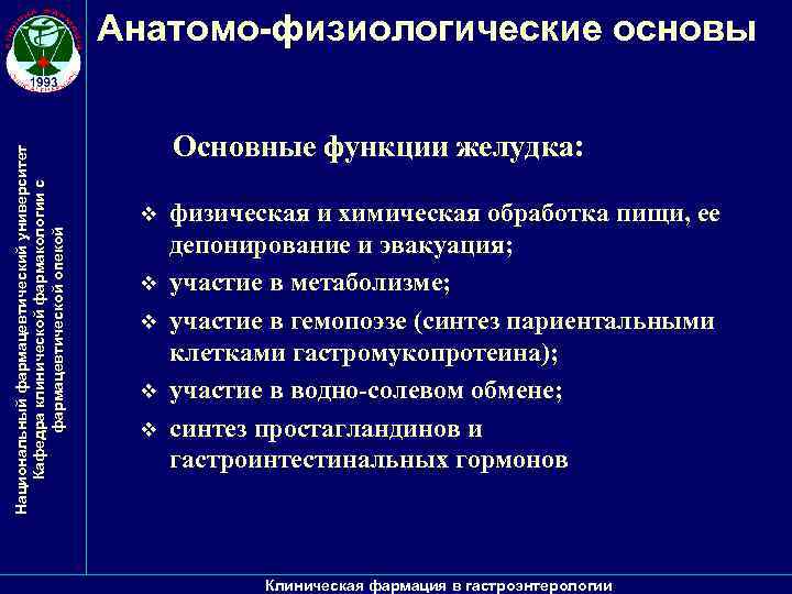 Национальный фармацевтический университет Кафедра клинической фармакологии с фармацевтической опекой Анатомо-физиологические основы Основные функции желудка: