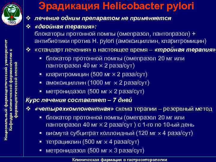 Национальный фармацевтический университет Кафедра клинической фармакологии с фармацевтической опекой Эрадикация Helicobacter pylori v лечение