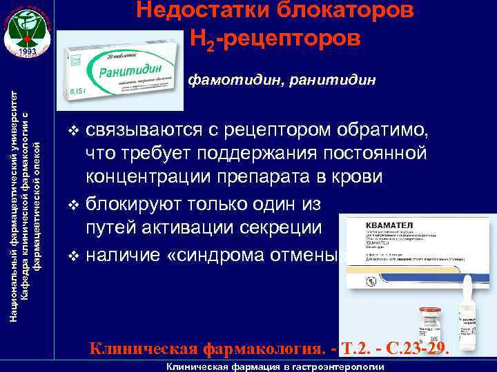 Недостатки блокаторов Н 2 -рецепторов Национальный фармацевтический университет Кафедра клинической фармакологии с фармацевтической опекой