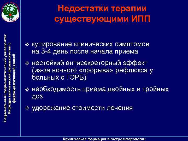 Национальный фармацевтический университет Кафедра клинической фармакологии с фармацевтической опекой Недостатки терапии существующими ИПП v