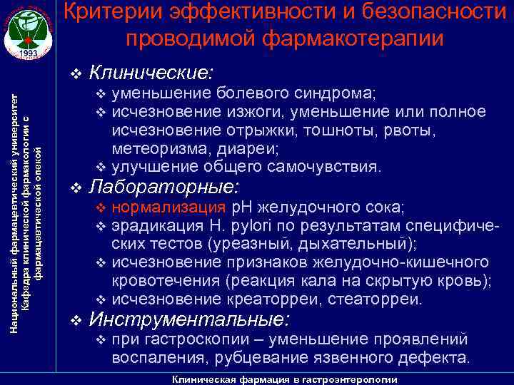 Критерии эффективности и безопасности проводимой фармакотерапии Национальный фармацевтический университет Кафедра клинической фармакологии с фармацевтической