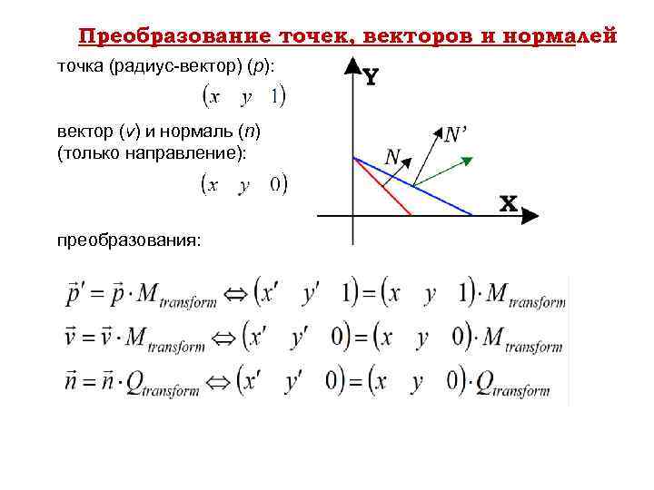 Преобразование точек, векторов и нормалей точка (радиус-вектор) (p): вектор (v) и нормаль (n) (только