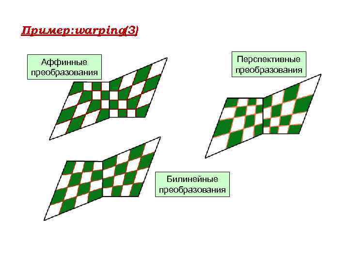 Пример: warping(3) Перспективные преобразования Аффинные преобразования Билинейные преобразования 