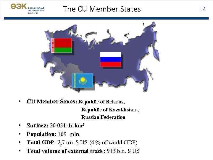 The CU Member States • CU Member States: Republic of Belarus, Republic of Kazakhstan