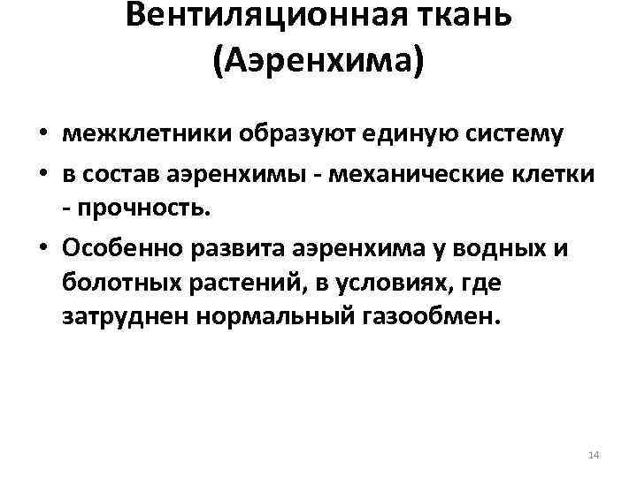 Вентиляционная ткань (Аэренхима) • межклетники образуют единую систему • в состав аэренхимы - механические