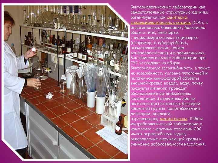 Бактериологические лаборатории как самостоятельные структурные единицы организуются при санитарноэпидемиологических станциях (СЭС), в инфекционных больницах,