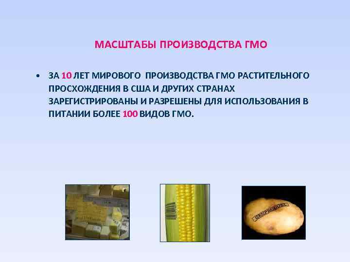 МАСШТАБЫ ПРОИЗВОДСТВА ГМО • ЗА 10 ЛЕТ МИРОВОГО ПРОИЗВОДСТВА ГМО РАСТИТЕЛЬНОГО ПРОСХОЖДЕНИЯ В США