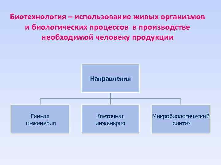 Биотехнология – использование живых организмов и биологических процессов в производстве необходимой человеку продукции Направления