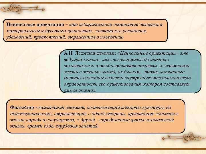 Ценностные ориентации – это избирательное отношение человека к материальным и духовным ценностям, система его