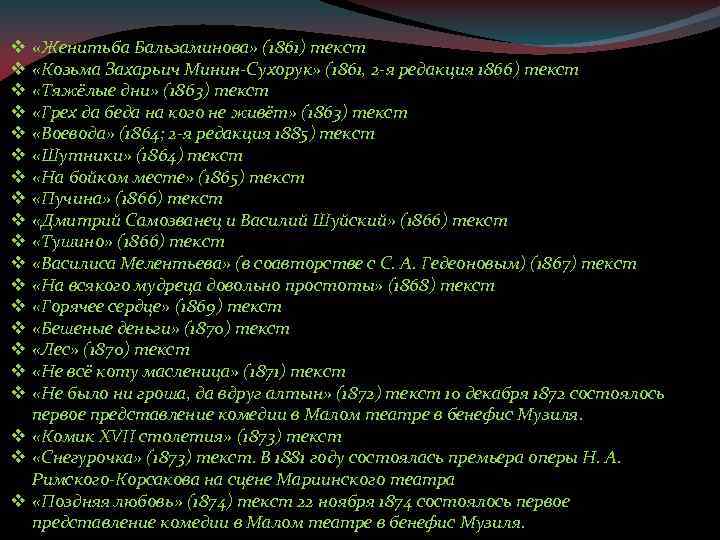  «Женитьба Бальзаминова» (1861) текст «Козьма Захарьич Минин-Сухорук» (1861, 2 -я редакция 1866) текст
