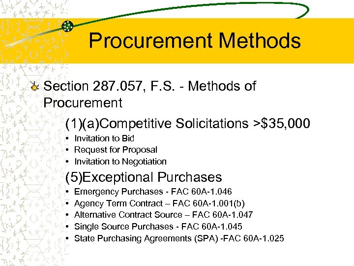 Procurement Methods Section 287. 057, F. S. - Methods of Procurement (1)(a)Competitive Solicitations >$35,