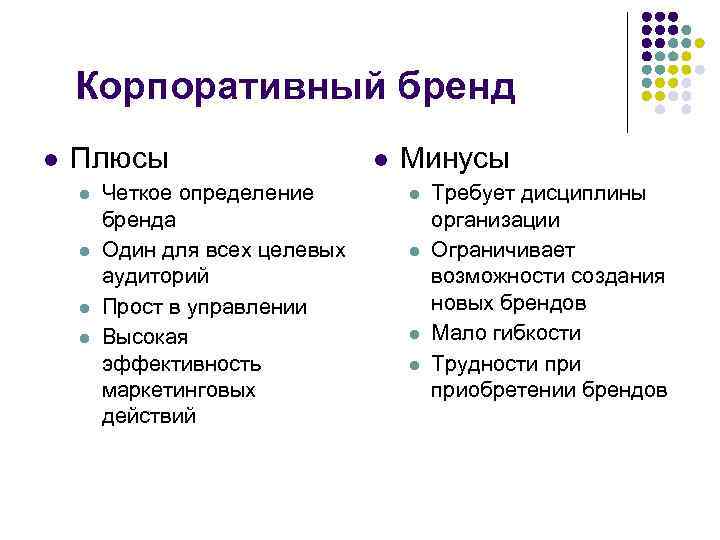 Корпоративный бренд l Плюсы l l Четкое определение бренда Один для всех целевых аудиторий