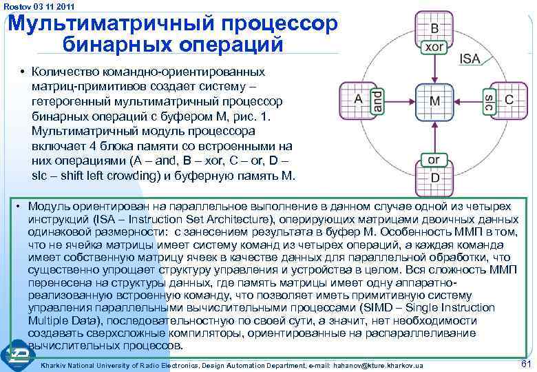 Rostov 03 11 2011 Мультиматричный процессор бинарных операций • Количество командно-ориентированных матриц-примитивов создает систему