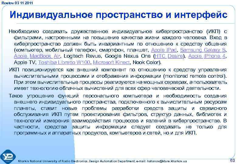 Rostov 03 11 2011 Индивидуальное пространство и интерфейс Необходимо создавать дружественное индивидуальное киберпространство (ИКП)