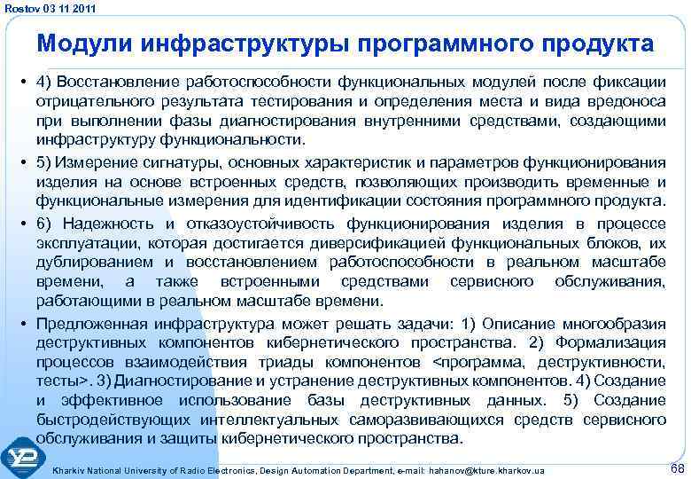Rostov 03 11 2011 Модули инфраструктуры программного продукта • 4) Восстановление работоспособности функциональных модулей
