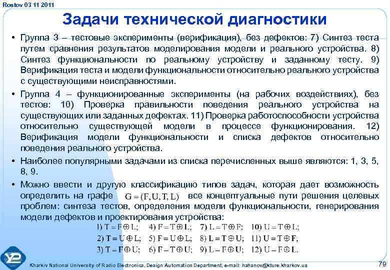 Rostov 03 11 2011 Задачи технической диагностики • Группа 3 – тестовые эксперименты (верификация),