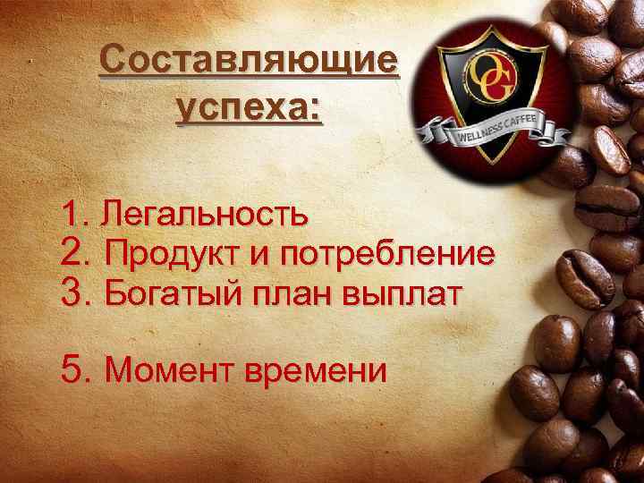 Составляющие успеха: 1. Легальность 2. Продукт и потребление 3. Богатый план выплат 5. Момент