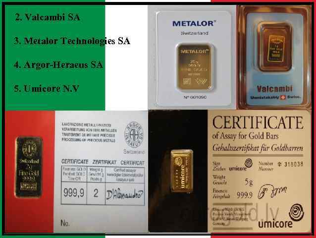 2. Valcambi SA 3. Metalor Technologies SA 4. Argor-Heraeus SA 5. Umicore N. V