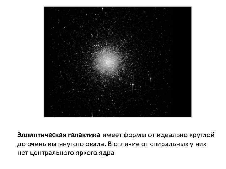 Эллиптическая галактика имеет формы от идеально круглой до очень вытянутого овала. В отличие от