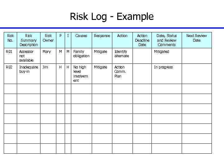 Risk Log - Example Risk No. Risk Summary Description Risk Owner P I Causes