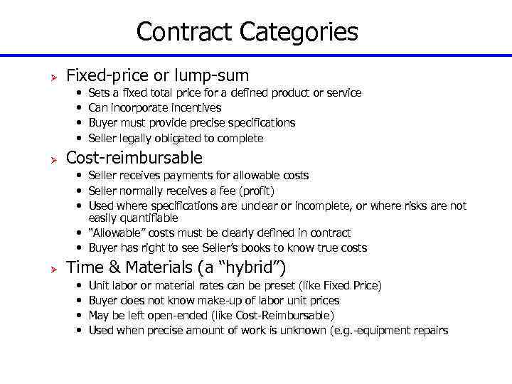 Contract Categories Ø Fixed-price or lump-sum • • Ø Sets a fixed total price