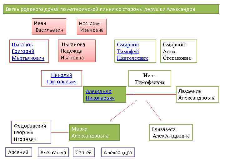 Ветвь родового древа по материнской линии со стороны дедушки Александра Иван Васильевич Цыганов Григорий