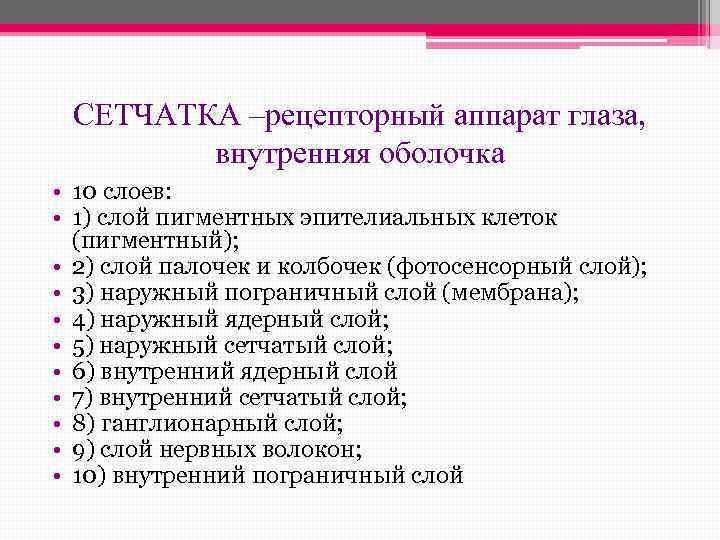 СЕТЧАТКА –рецепторный аппарат глаза, внутренняя оболочка • 10 слоев: • 1) слой пигментных эпителиальных