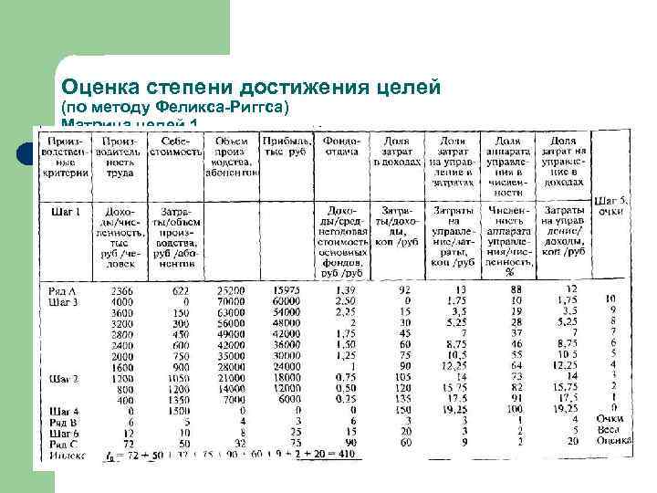 Оценка степени достижения целей (по методу Феликса-Риггса) Матрица целей 1 