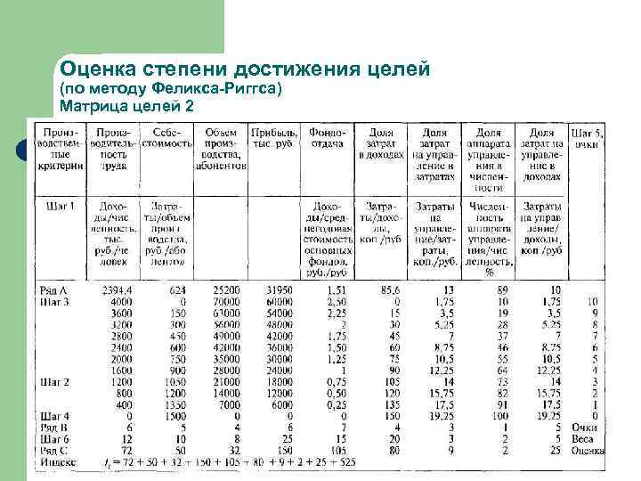 Оценка степени достижения целей (по методу Феликса-Риггса) Матрица целей 2 