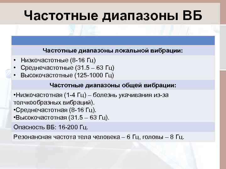 Диапазон составляет. Частотный диапазон общей вибрации. Диапазон локальных среднечастотных вибраций. Частотные диапазоны вибрации. Низкочастотные вибрации человека.