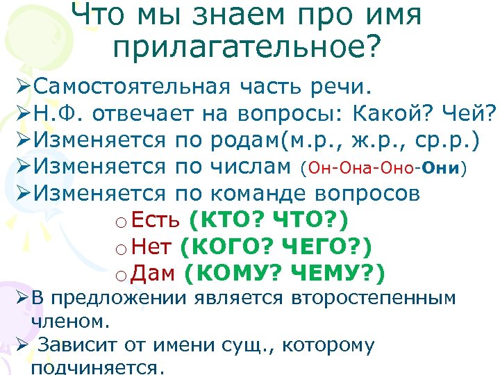 Что мы знаем про имя прилагательное? ØСамостоятельная часть речи. ØН. Ф. отвечает на вопросы: