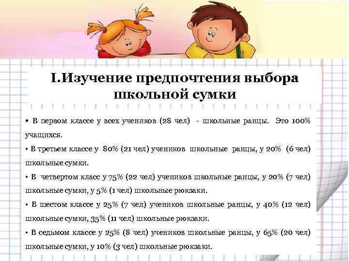 I. Изучение предпочтения выбора школьной сумки • В первом классе у всех учеников (28