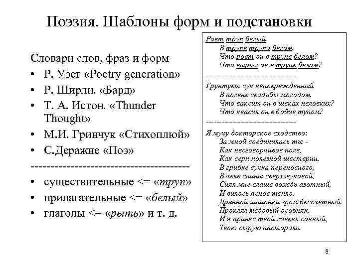 Поэзия. Шаблоны форм и подстановки Словари слов, фраз и форм • Р. Уэст «Роеtrу