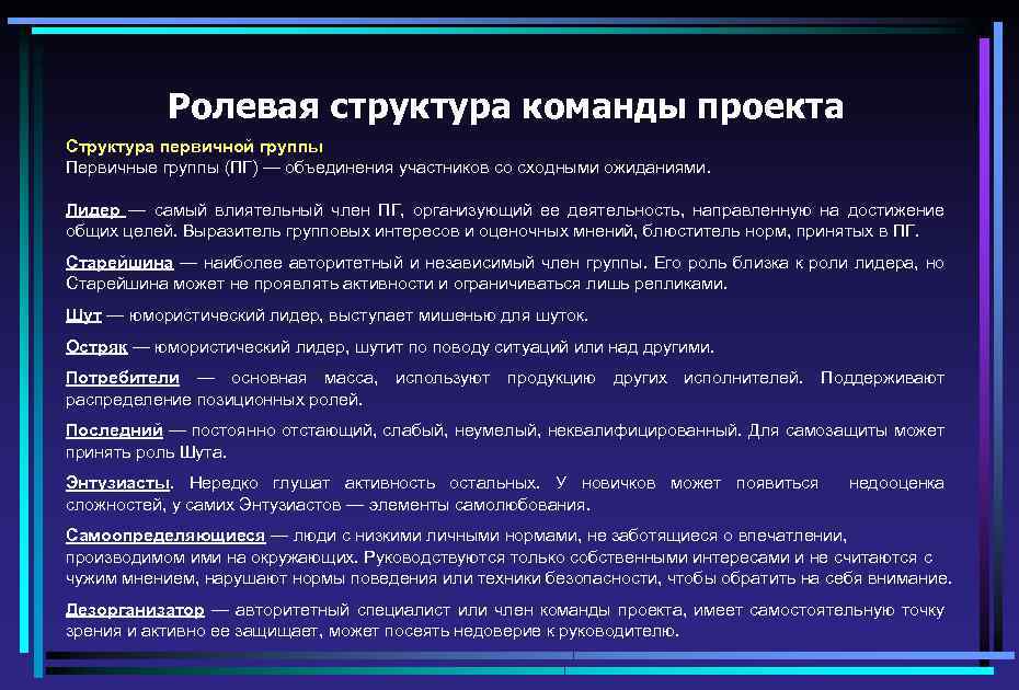 Ролевая структура команды проекта Структура первичной группы Первичные группы (ПГ) — объединения участников со