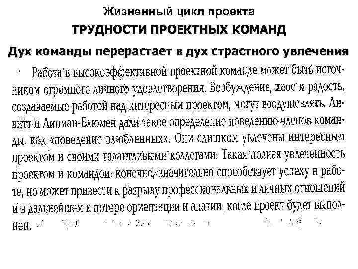 Жизненный цикл проекта ТРУДНОСТИ ПРОЕКТНЫХ КОМАНД Дух команды перерастает в дух страстного увлечения 